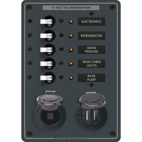 Blue Sea 8120 Breaker Panel 5 Pos With Dc Socket & Dual Usb